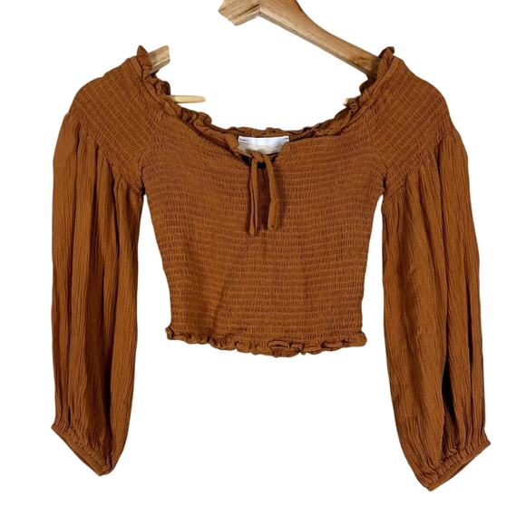 North End Crop Top Womens S Burnt Orange Long Sleeve Smocked Off Shoulder Earthy - Picture 1 of 7
